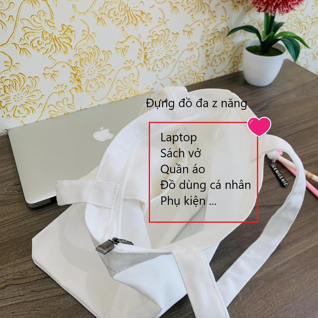 Túi tote vải canvas có khóa kéo miệng túi và túi phụ bên trong in hình Mặt Trời Morning mềm đẹp cho nam nữ đi học đi làm