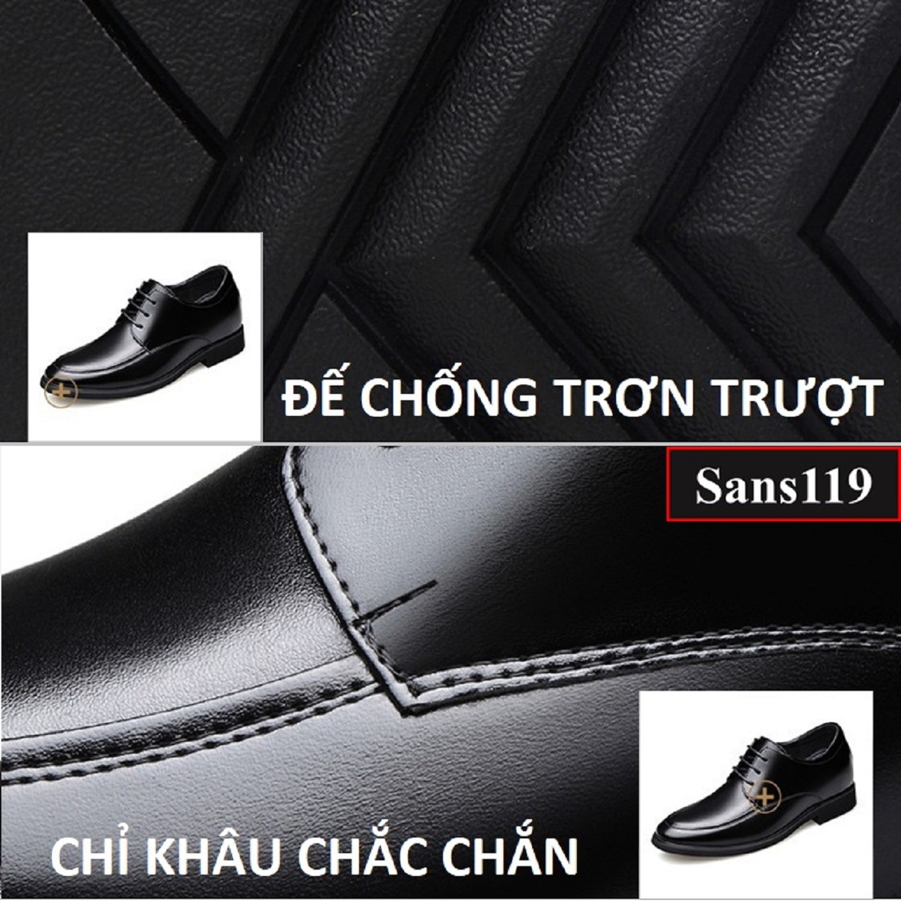 Giày tăng chiều cao nam da bò Sans119 độn đế 8cm công sở cao cấp buộc dây tây đen chú rể mặc vest size nhỏ 37 38 mũi tròn