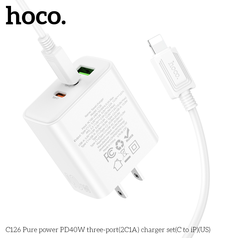 Bộ sạc nhanh PD 40W Type-C dùng cho IpX/11/12/13/14/15 Hoco Mall C126 1 cổng USB + 2 Cổng Type-C, QC3.0, chân dẹt dài 1m hàng chính hãng