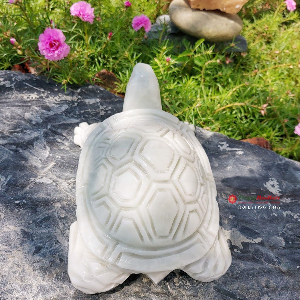 Tượng Rùa phong thủy đá trắng xanh 17cm - đá Non Nước