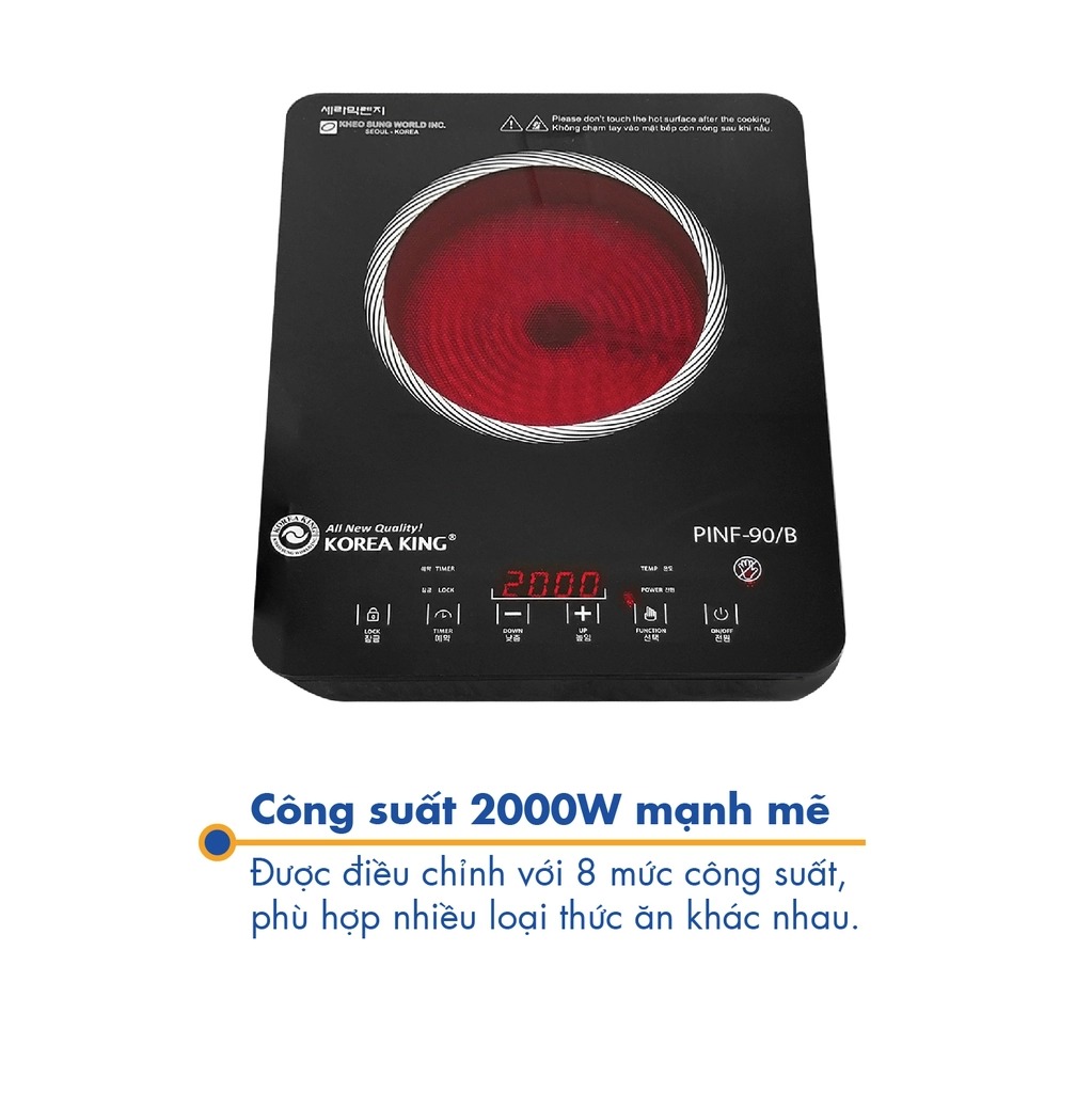 Bếp Hông ngoại đơn Công suất 2000W, Cảm ứng Cao cấp từ Korea King Hàn Quốc PINF-90/B, Mini tiện lợi - Tặng nồi nấu lẩu [Hàng chính hãng]