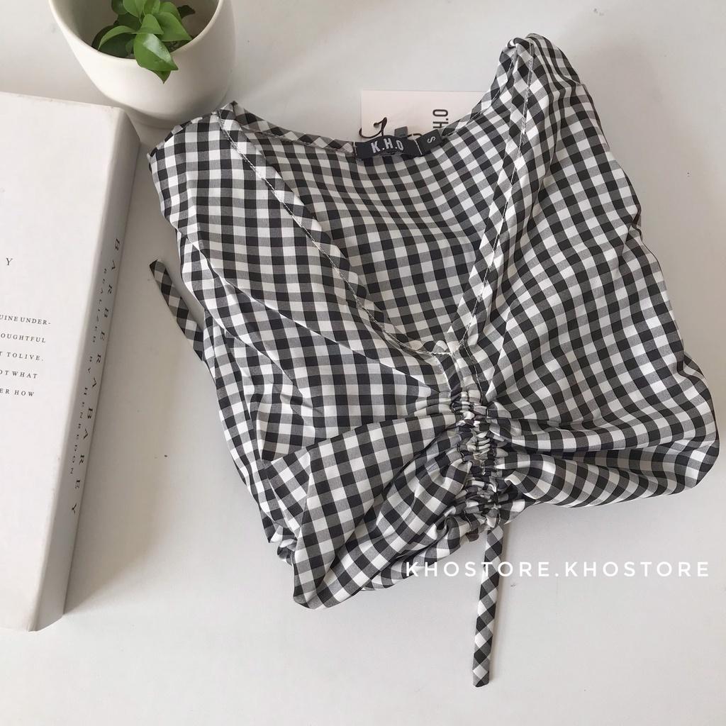 Áo croptop tay dài nhún ngực tôn dáng, áo đi biển tay phồng caro 2 màu, áo dây rút kiểu dáng hàn quốc, vải cotton mát