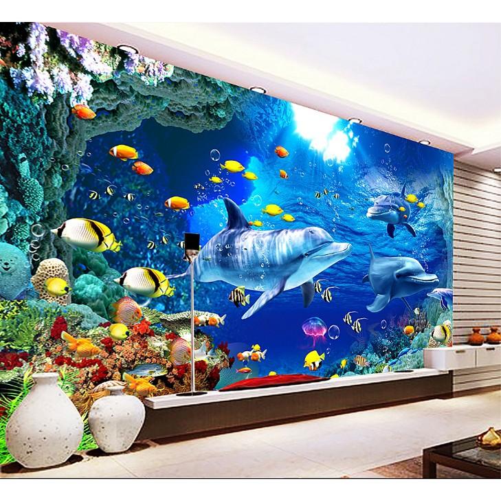 Tranh dán tường 3D phong cảnh đại dương cá heo - VẢI LỤA phủ kim sa