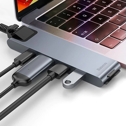 Bộ HUB chia cổng sạc 7 in 1 hiệu Baseus Thunderbolt Dual Type-C cho Macbook Pro mở rộng cổng sạc nhanh, 2 cổng USB 3.0, PD, SD, Micro SD, HDMI, Cổng mạng LAN - Hàng chính hãng