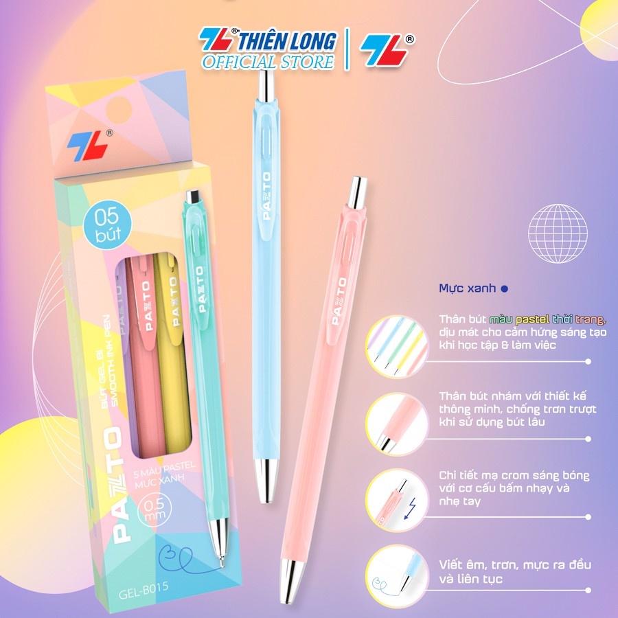 Hộp 5 Bút gel bi màu Pastel Thiên Long Pazto GEL-B015 nét 0.5mm - Mực xanh