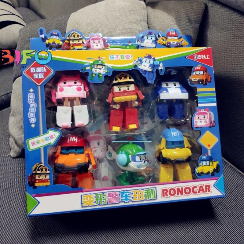 Hộp 6 đồ chơi biến hình biệt đội Robocar Poli 6 xe lắp ráp Policar 2 trong 1