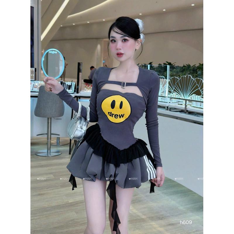 Set váy 3 món drew mặt cười xinh yêu BY JOLIE - Ghi, Ghi