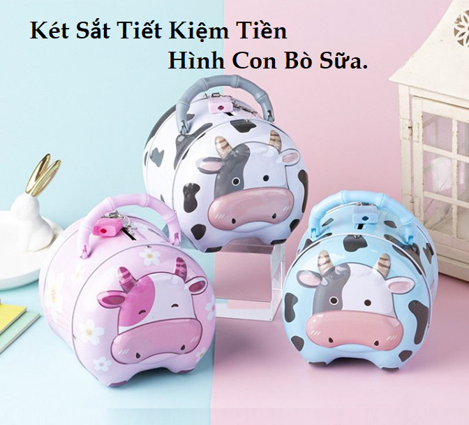 Ống heo tiết kiệm tiền hình con bò sữa, Két sắt mini đựng tiền có khóa siêu yêu, đẹp mắt BB53-KS-BoSua