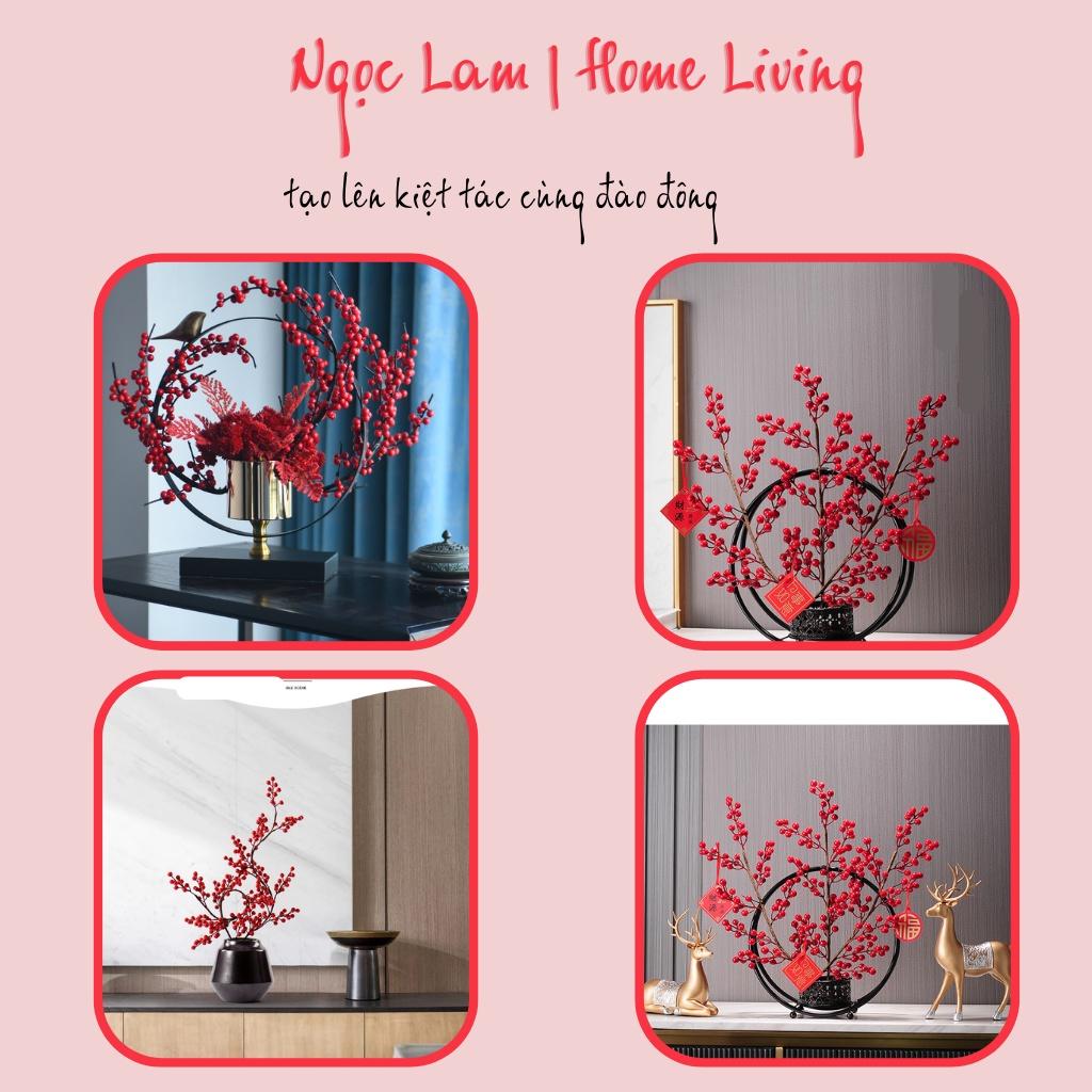 Cành đào đông đỏ 6 nhánh, 12 nhánh quả đều không dính sơn dùng trang trí spa, studio, đại sảnh, nhà hàng, phòng ngủ