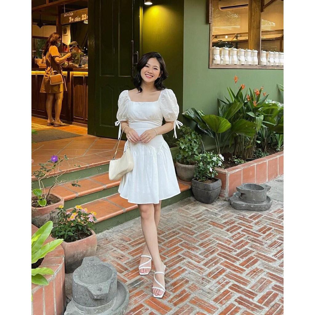 ĐẦM DỰ TIỆC COTTON LỤA TRẮNG CỔ VUÔNG ÔM EO DÁNG XÒE TAY LỠ CỘT NƠ