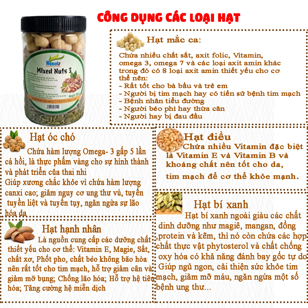 Mix hạt dinh dưỡng gồm 5 hạt tách vỏ ( macca Úc, hạnh nhân Mỹ, hạt điều BP, óc chó vàng Mỹ, hạt bí) nguyên vị, tẩm mật ong, làm sữa