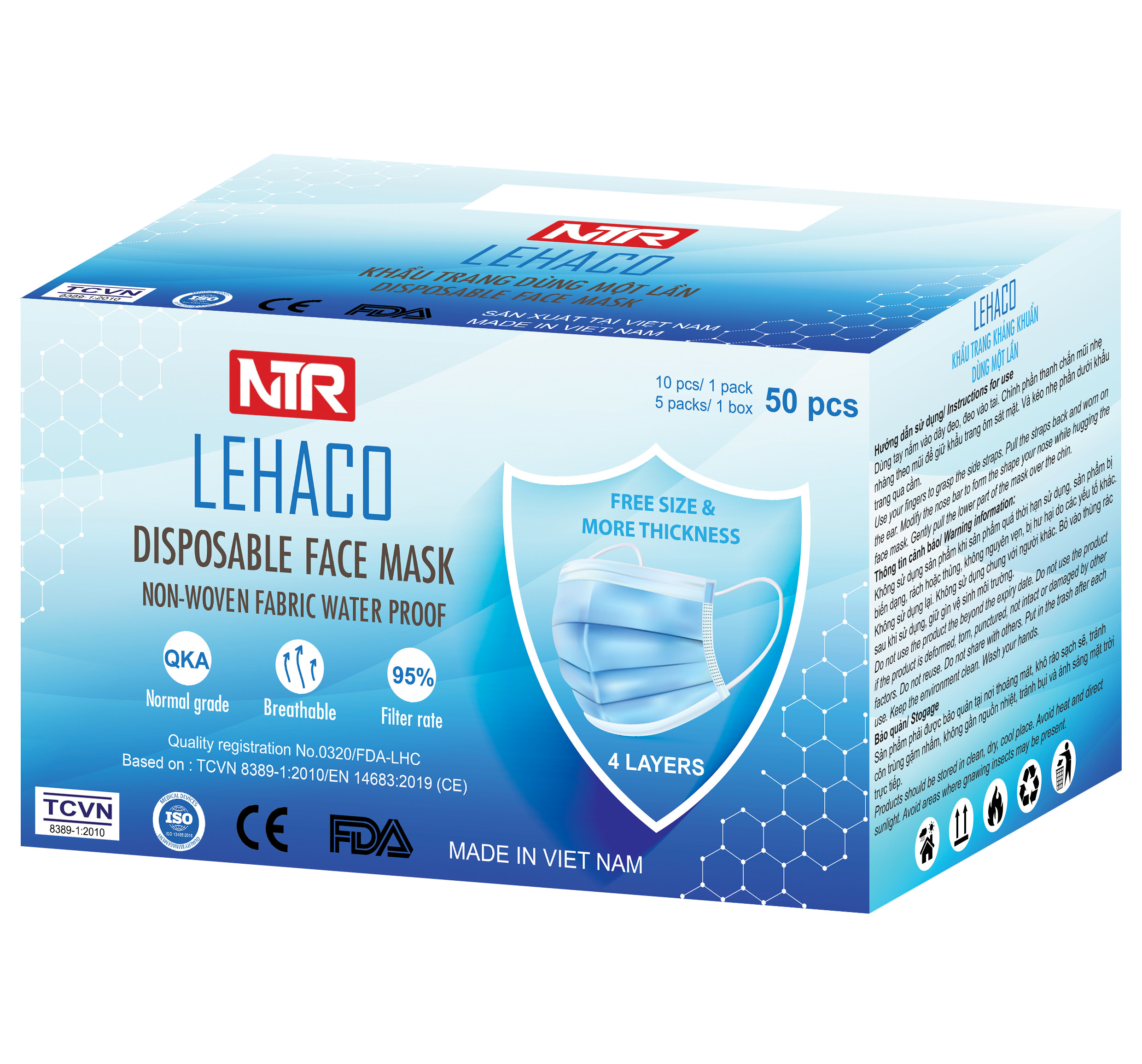 Khẩu trang y tế 4 lớp LEHACO NTR xuất khẩu có CE FDA 50 cái