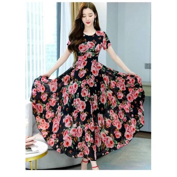 HÀNG NHẬP - ĐẦM MAXI VOAN HOA HỒNG CỔ TRÒN