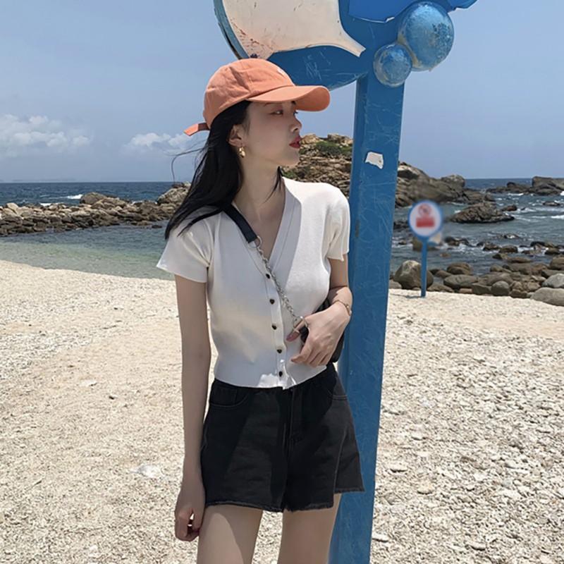 Áo Dệt Kim Ngắn Tay Cổ Chữ V Thời Trang Mùa Hè Hàn Quốc