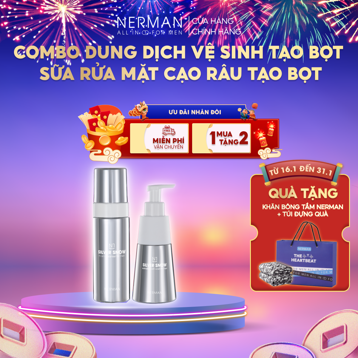 Combo Dung dịch vệ sinh tạo bọt 200g &amp; Sữa rửa mặt và bọt cạo râu 2in1 150g Nerman hương nước hoa Pháp