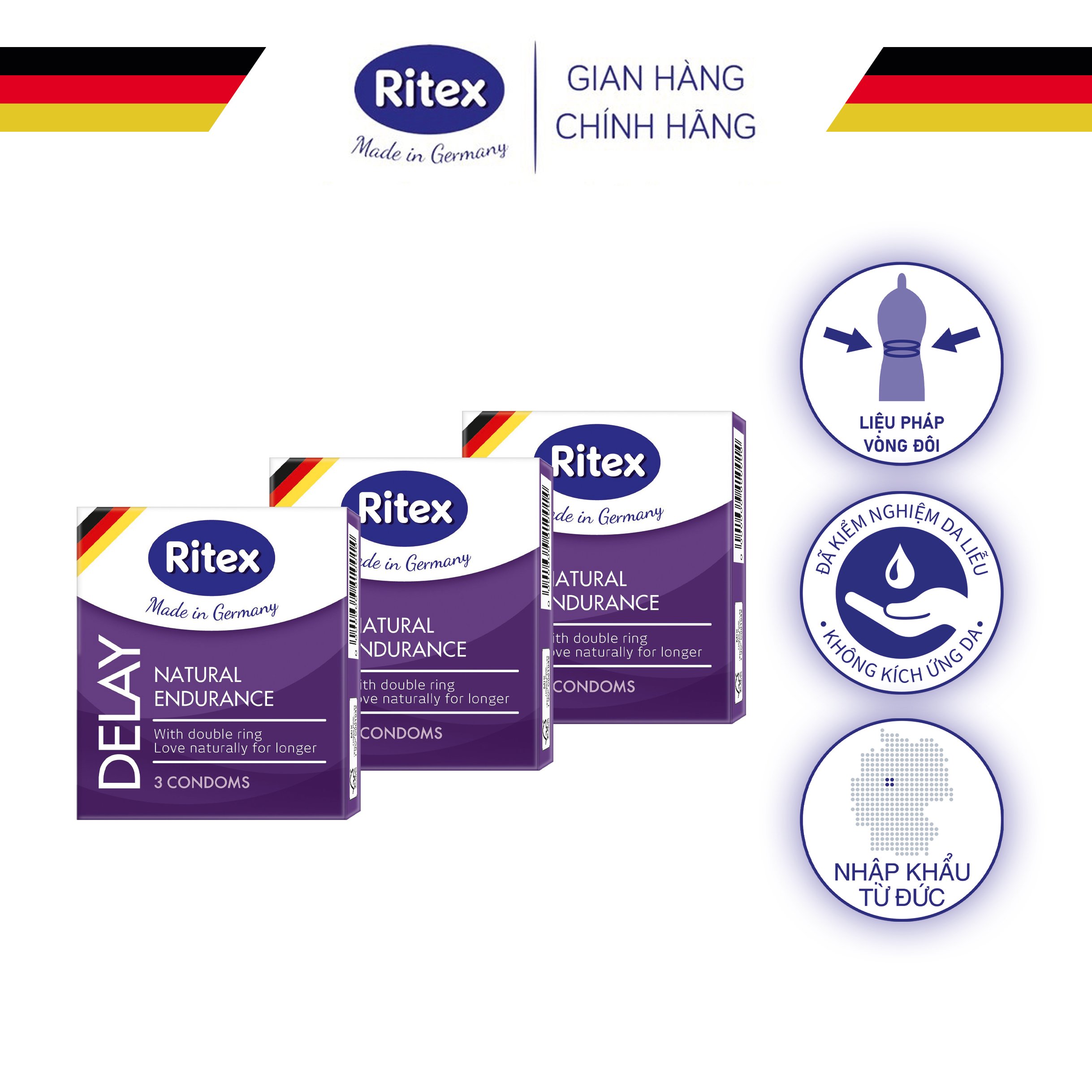 Bộ 03 hộp bao cao su Ritex Longtime, kéo dài thời gian bởi vòng đôi cao su, hộp 3 chiếc