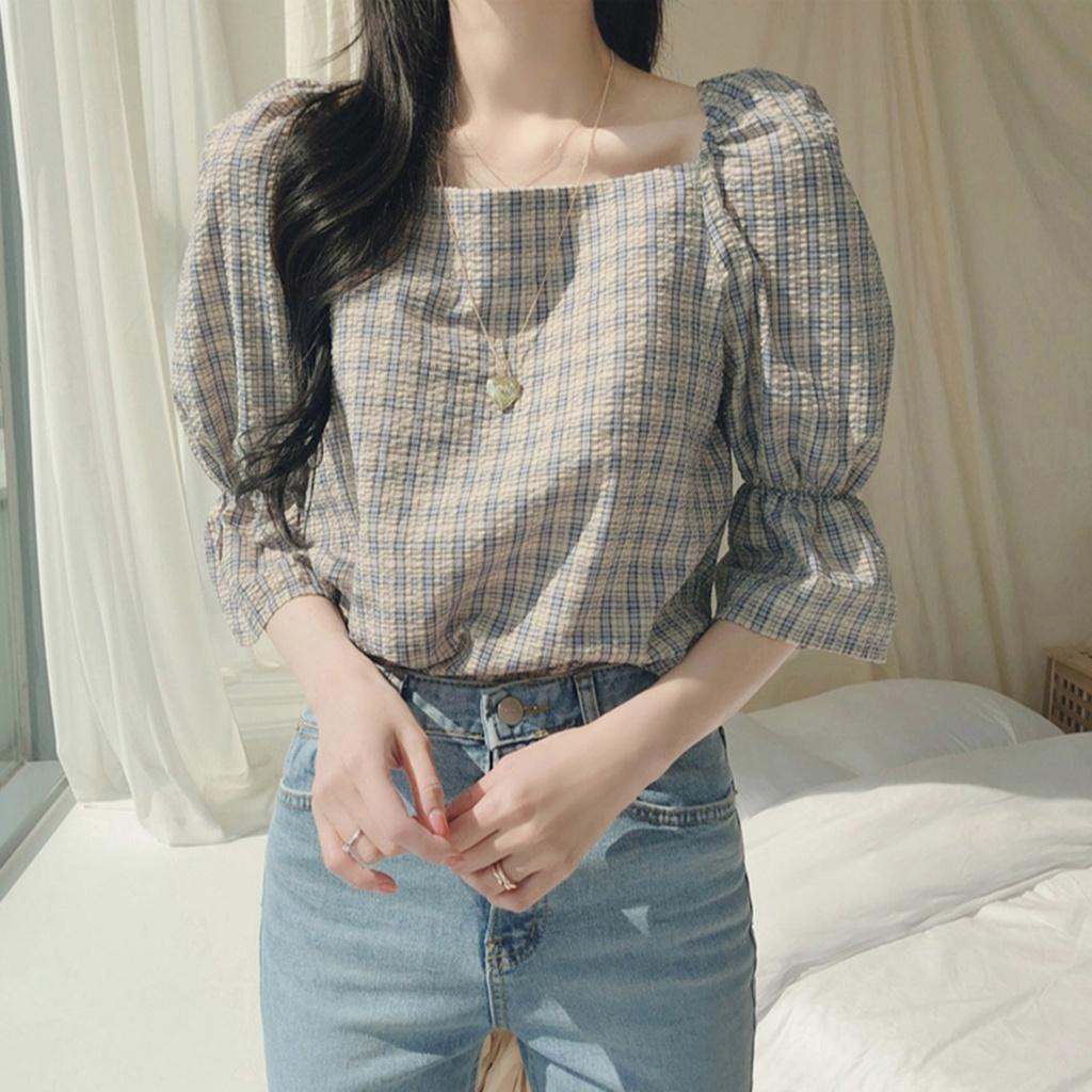 MS259 Áo kiểu nữ cổ vuông kẻ caro tay lỡ Hàn Quốc