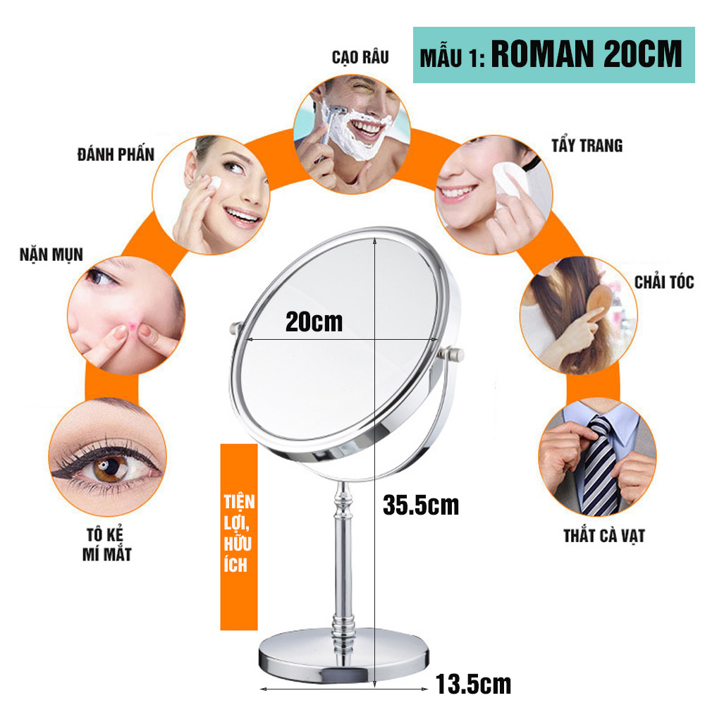 Gương trang điểm để bàn Roman, Crom, phóng đại zoom x3, 2 mặt xoay siêu nét Minh House