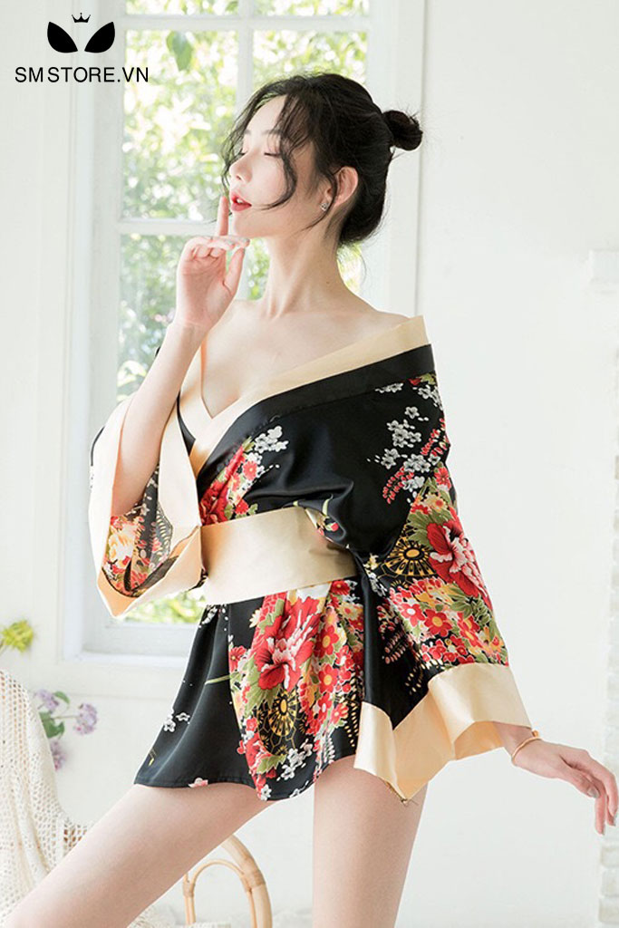 Set áo ngủ nữ kimono ngắn cùng quần lót lọt khe sexy gợi cảm - SMS023