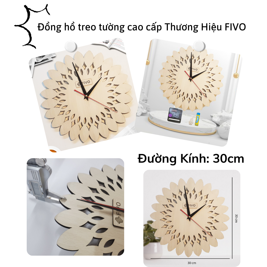 Đồng Hồ Treo Tường Gỗ Đẹp, Hiện Đại, Thương Hiệu FIVO Mẫu FW08 Hình Hoa Hướng Dương