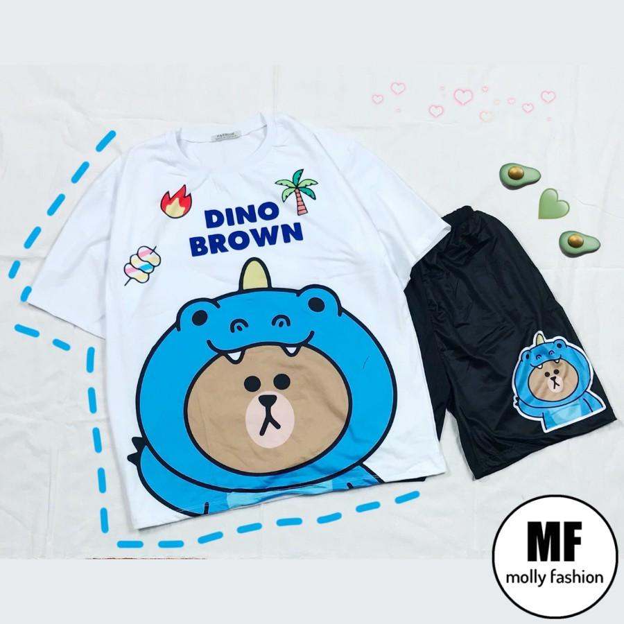 Đồ bộ hoạt hình ️ Bộ mặc nhà form rộng Unisex DINO BROWN Freesize dành cho nam nữ Molly Fashion