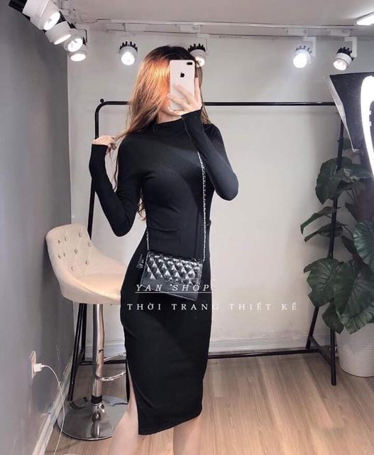 Váy Body Cổ Lọ 5p Tay Dài Xỏ Ngón Phối Túi - Dài 1m