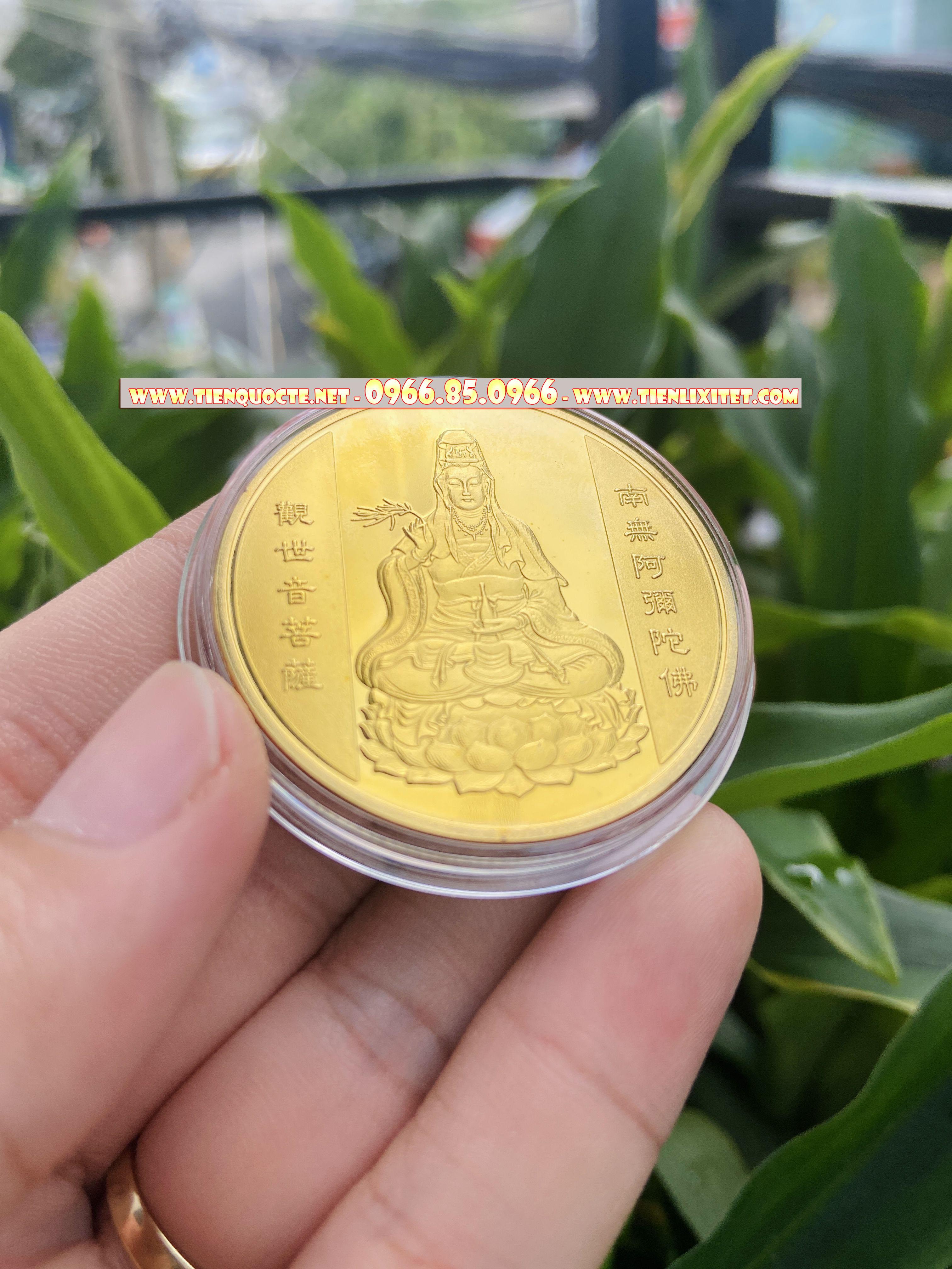 Quà tết 2023 lì xì Đồng Xu Quan Âm Bồ Tát Phong Thuỷ May Mắn Tặng Kèm Túi Gấm LGLSC000169