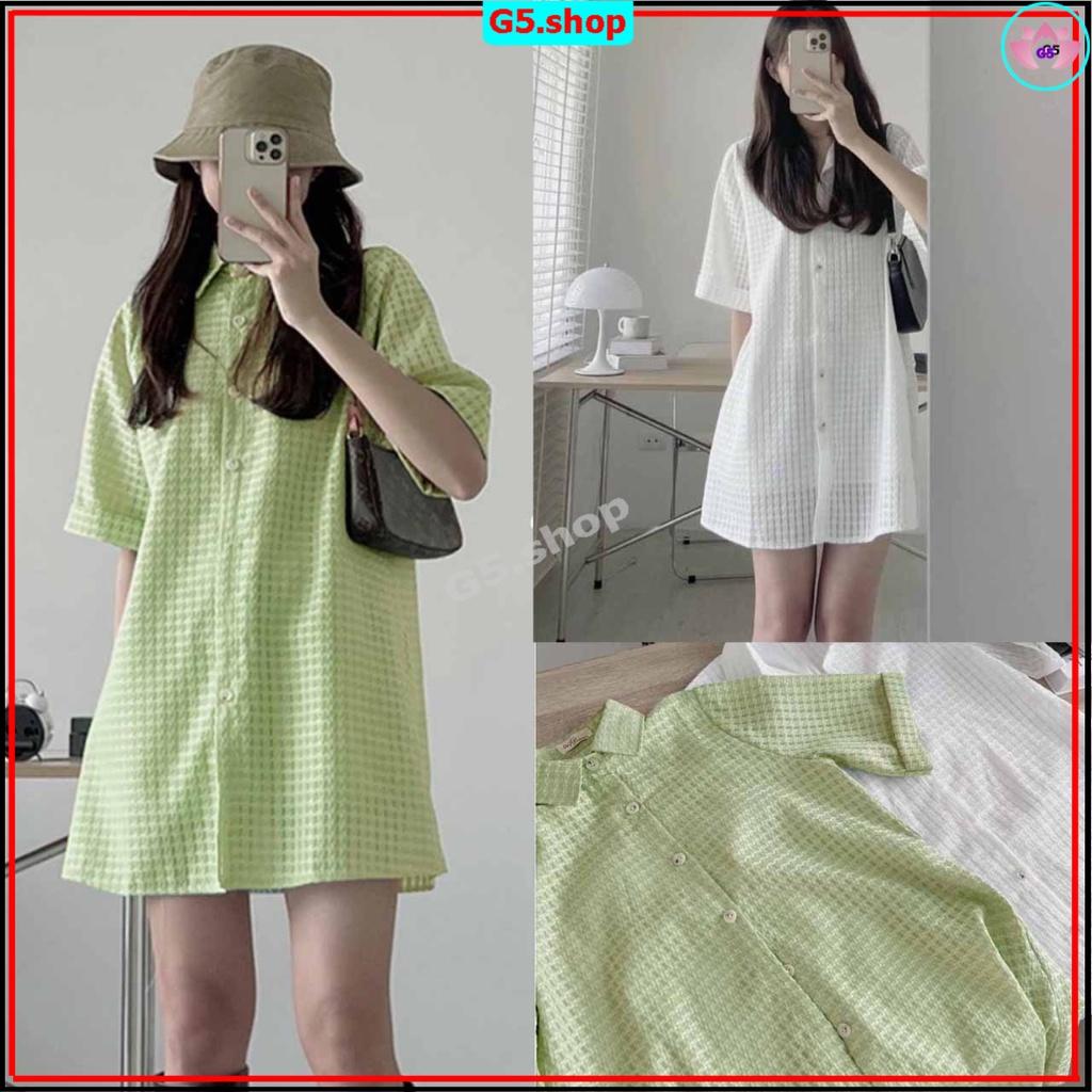 Váy sơ mi kẻ xốp dáng ngắn tay lỡ form rộng kèm lót váy 2 dây, Đầm sơmi dáng suông tay ngắn họa tiết đan thừng Ulzzang