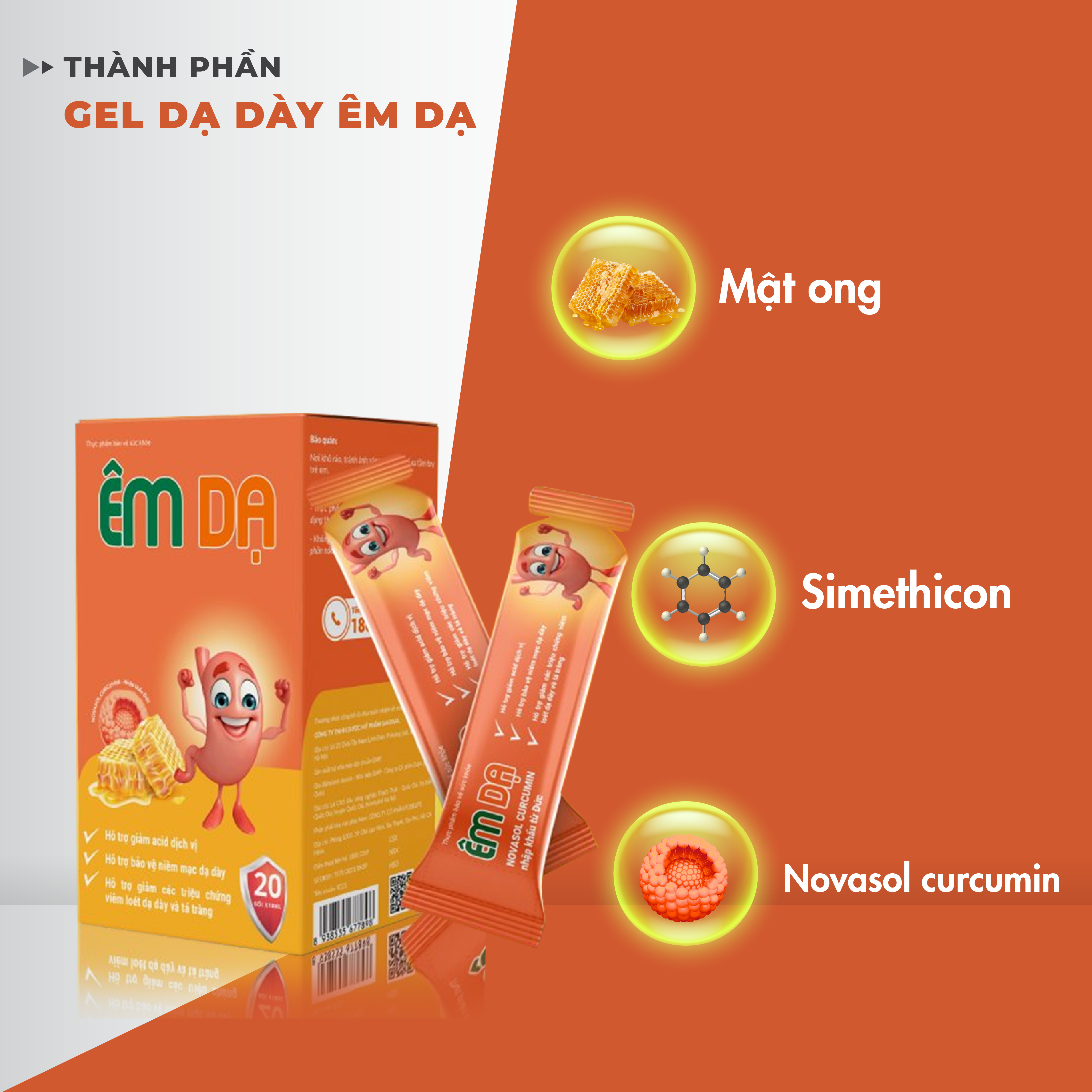 Gel dạ dày Êm Dạ - Bảo vệ niêm mạc dạ dày, hỗ trợ giảm acid dịch vị, Hỗ trợ giảm nguy cơ viêm loét dạ dày, tá tràng - Hộp 20 gói