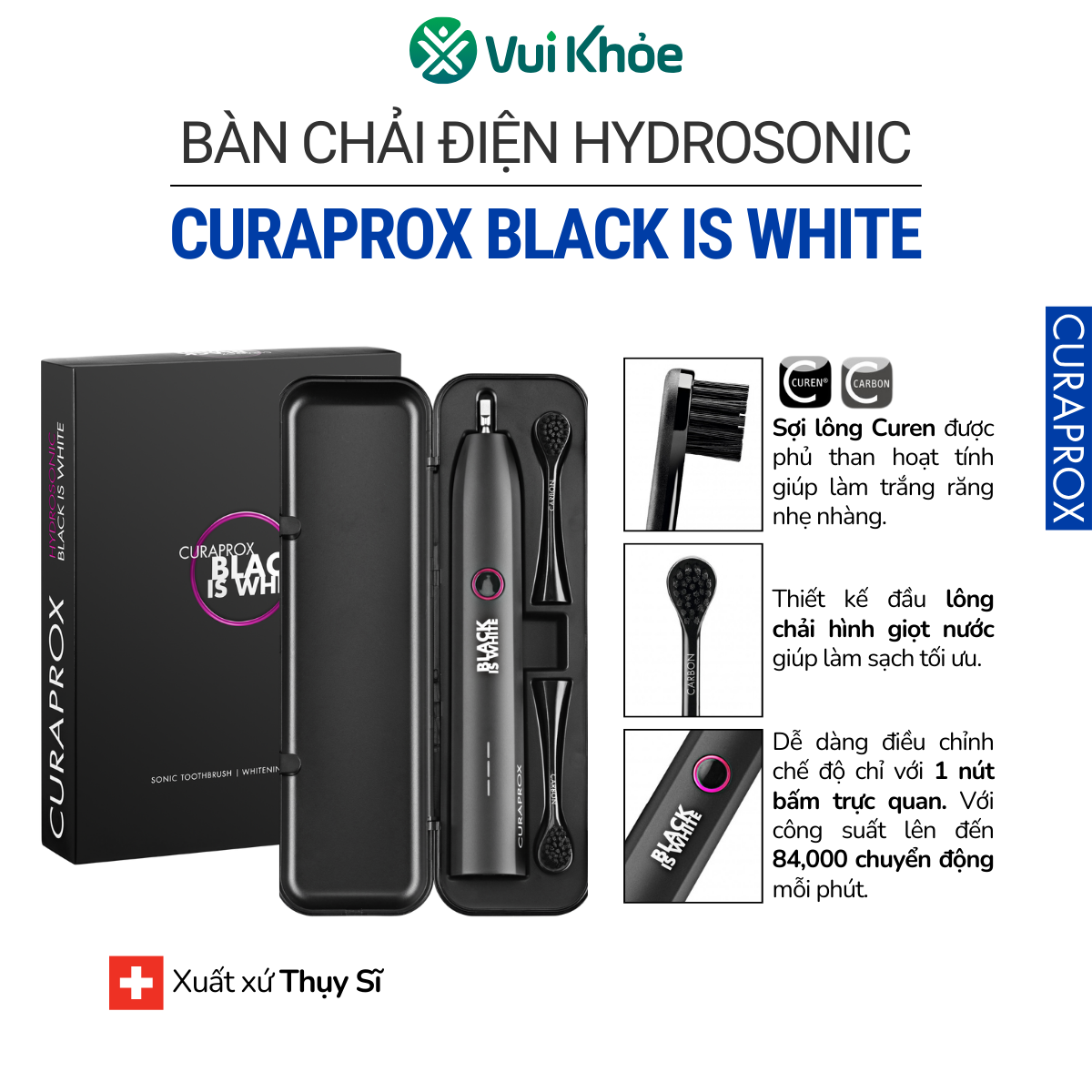 Bàn chải điện Curaprox Hydrosonic Black is White | Mã SP 73349058