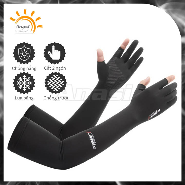 Găng tay chống nắng vải lụa băng hạ nhiệt thể thao Anasi Sport Sun Protection Sleeves SP65 - Cản 98 tia UV có hại - Màu đen