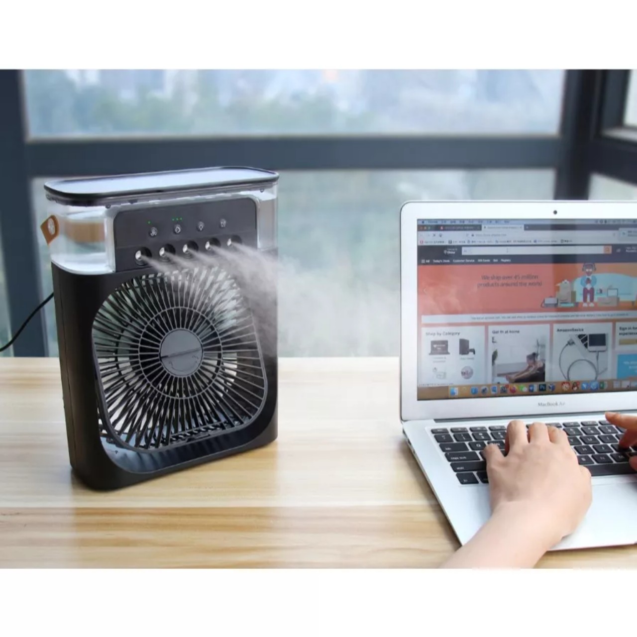 Quạt Điều Hòa Phun Sương Hơi Nước đá lạnh Mini Để Bàn 3 Chế Độ Tích Hợp Led, Chế Độ Hẹn Giờ