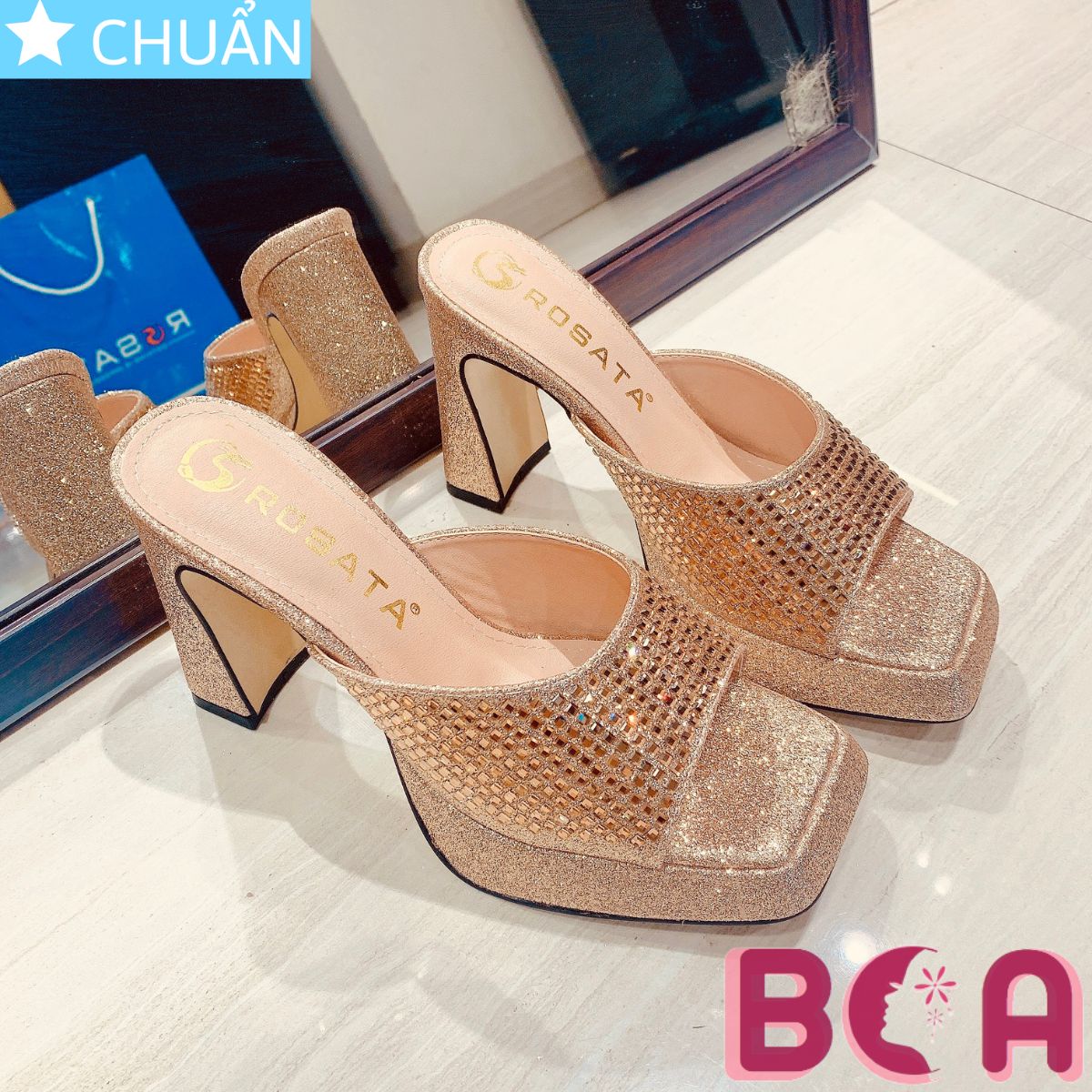 Sục nữ cao gót 8 phân RO638 ROSATA tại BCASHOP thiết kế quai ngang bản to đính hạt lấp lánh, siêu sang, tôn dáng, tôn da