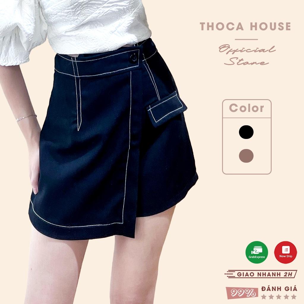 Quần giả váy dáng A viền chỉ kiểu xẻ tà đen, nâu THOCA HOUSE sang trọng, phong cách Hàn Quốc trẻ trung