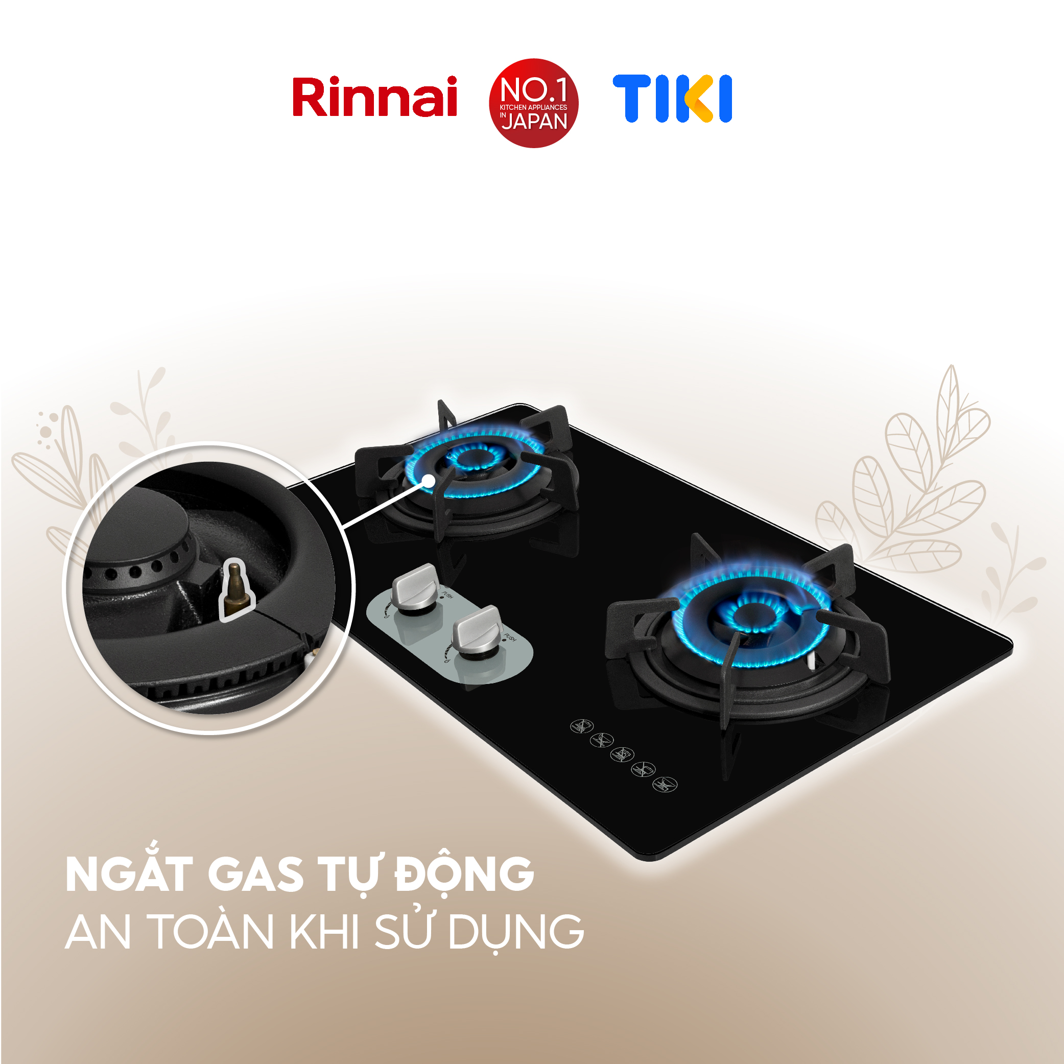 Bếp gas âm Rinnai RVB-220G(BG) mặt bếp kính và kiềng bếp gang - Hàng chính hãng.