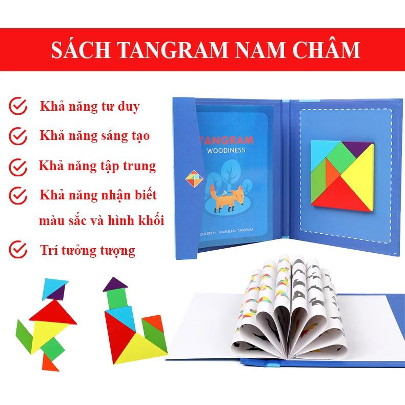 Đồ chơi Xếp hình gỗ Tangram nam châm có kèm sách cho bé, đồ chơi gỗ thông minh montessori