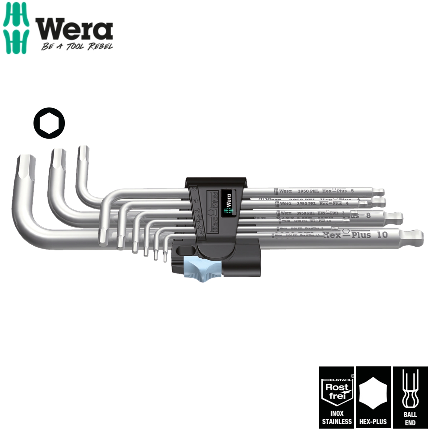 Bộ lục giác bi thép không gỉ Wera 3950 PKL9 hex-plus stainless 1 mã 05073544001 gồm 9 cái kèm kẹp nhựa