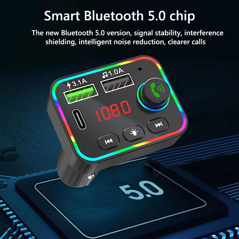 Bộ sạc ô tô, Bộ thu phát FM BT5.0 Máy nghe nhạc MP3 DC12-24V Bộ sạc USB PD kép Bluetooth không dây Rảnh tay với đèn đầy màu sắc