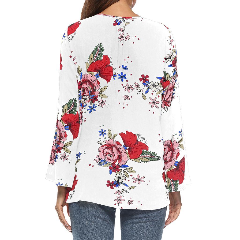 Women's Casual Floral Tops Long Sleeve Deep V Neck Wrap Loose Beach Shirts
