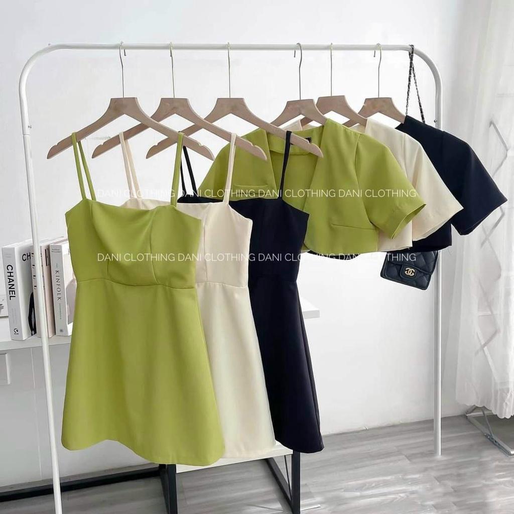 Set Váy Hai Dây Và Áo Khoác Croptop Dễ Thương