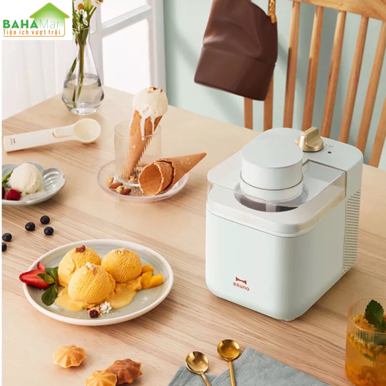 MÁY LÀM KEM THÔNG MINH TỰ ĐỘNG, LÀM ĐÁ, SỮA CHUA HOA QUẢ, MÓN TRÁNG MIỆNG BRUNO "BAHAMAR" Một nút ấn