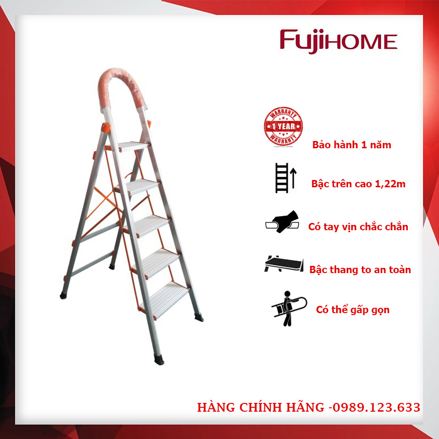 Thang nhôm ghế gấp bản to 5 bậc FUJIHOME SL-305 ( Chiều cao  bậc trên 1,22m, có tay vịn) Hàng chính hãng