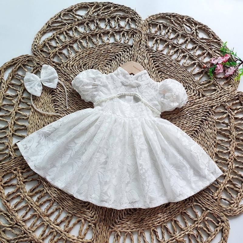Váy ren trắng công chúa tặng kèm cài xinh cho mùa lễ hội của bé