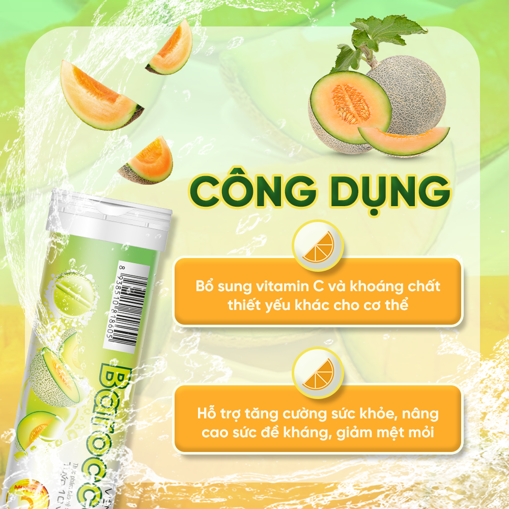 Viên Sủi Bổ Sung Vitamin C Hương Dưa Lưới Tăng Cường Sức Đề Kháng Barocco Dan Khang Hộp 10 Viên