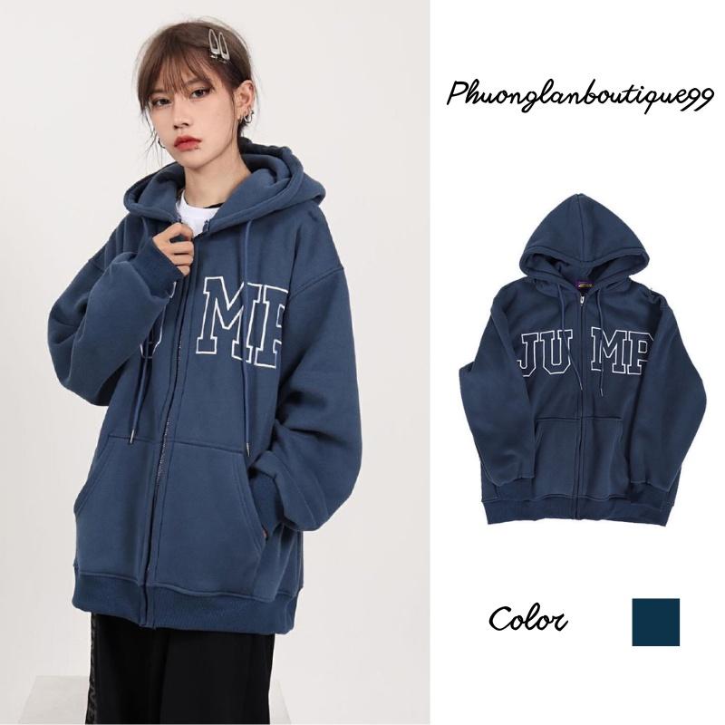 Áo hoodie, Áo khoác nỉ bông dày dặn màu xanh than JUMP khoá kéo zip dày dặn cá tính