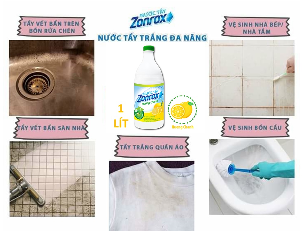 Nước tẩy trắng đa năng 6 in 1 - Zonrox 1 lít hương chanh