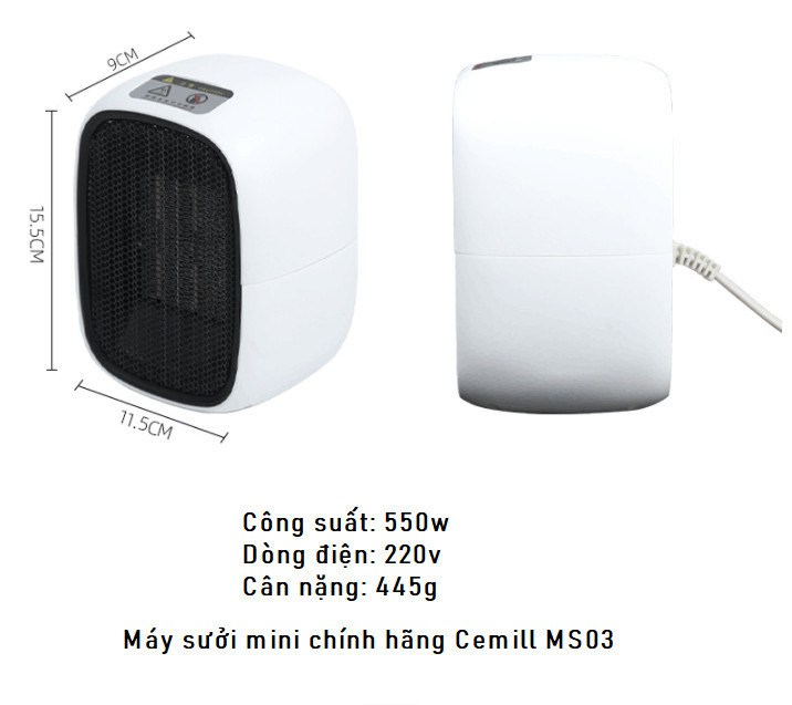 Máy Sưởi Mini Cho Nhân Viên Văn Phòng,Làm Ấm Nơi làm việc, phòng ngủ, nhà tắm, phòng học- Máy Êm Ấm Áp - Chính Hãng Cemill MS03