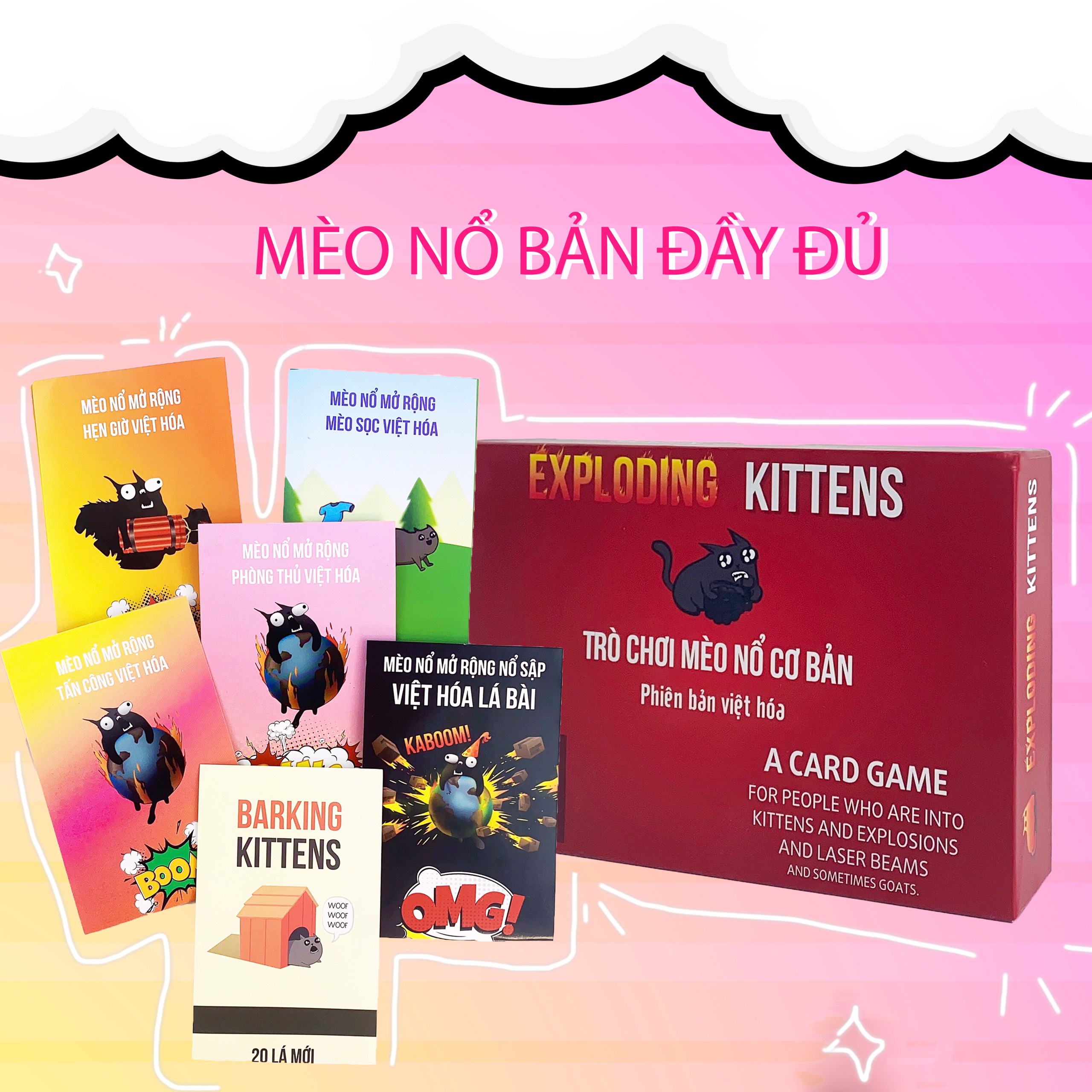 Combo Mèo Nổ Exploding Kittens và đầy đủ 6 bản mèo nổ mở rộng Việt Hóa 155 lá