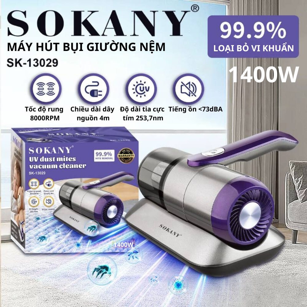 Máy hút bụi giường nệm diệt khuẩn UV công suất cao 1400W SOKANY SK-13029 loại có dây lực hút mạnh - HÀNG CHÍNH HÃNG - DELIYA