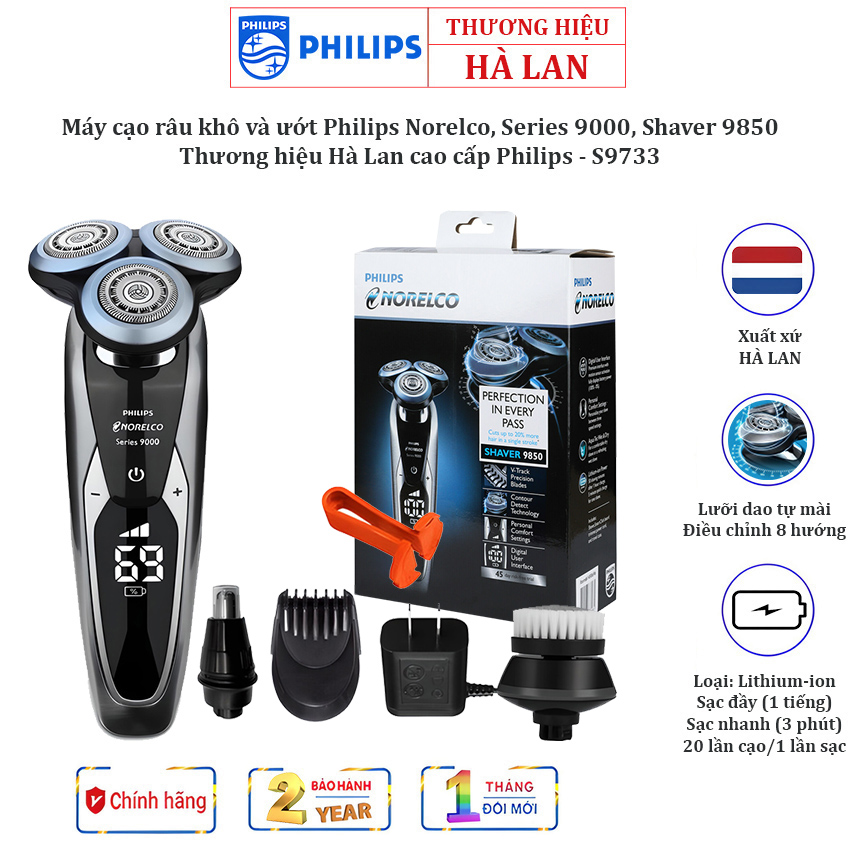 Máy cạo râu khô và ướt Philips Norelco, Series 9000, Shaver 9850. Thương hiệu Hà Lan cao cấp Philips S9733/90 - HÀNG CHÍNH HÃNG, [2 NĂM BẢO HÀNH]